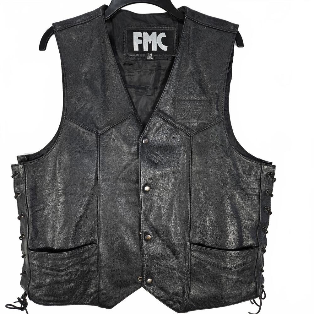 FMC Vintage Black Leather Biker Vest Lace-up Sides 4 Pockets Men's Size 44 Y2K